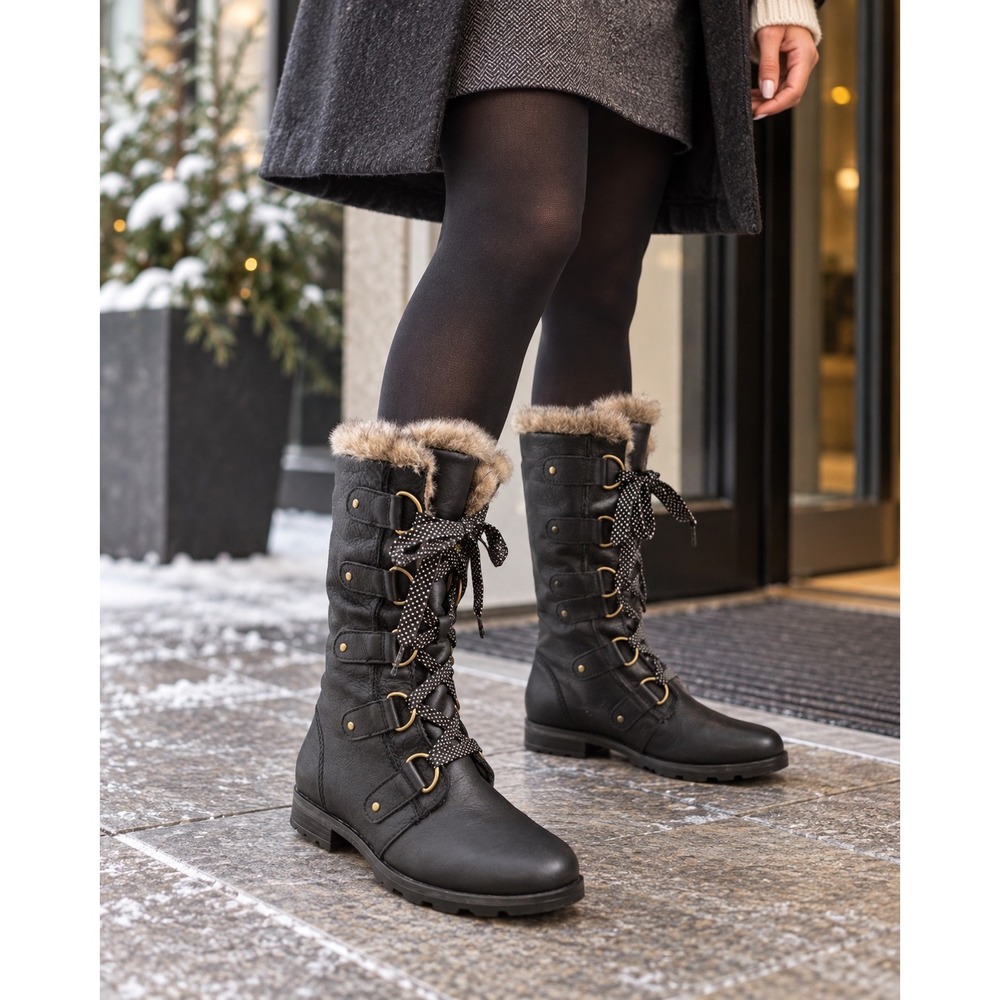 SOREL Emelie Lace Premium Waterproof Leather Faux Fur Lace Up Boots Black 8